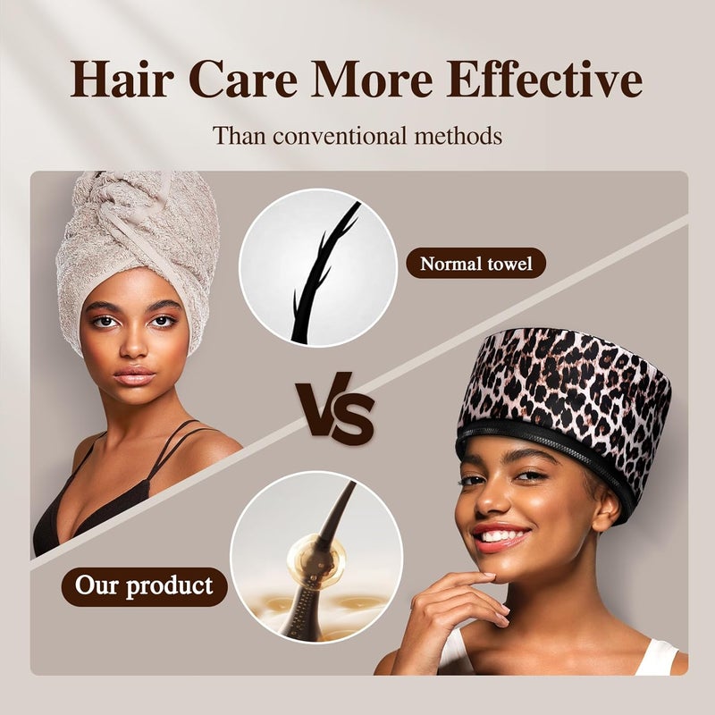 aopow Heat Cap Leopard Thermal Steam Cap - 10-Level Heating for Deep Conditioning Natural and Black Hair at Home - Image 2